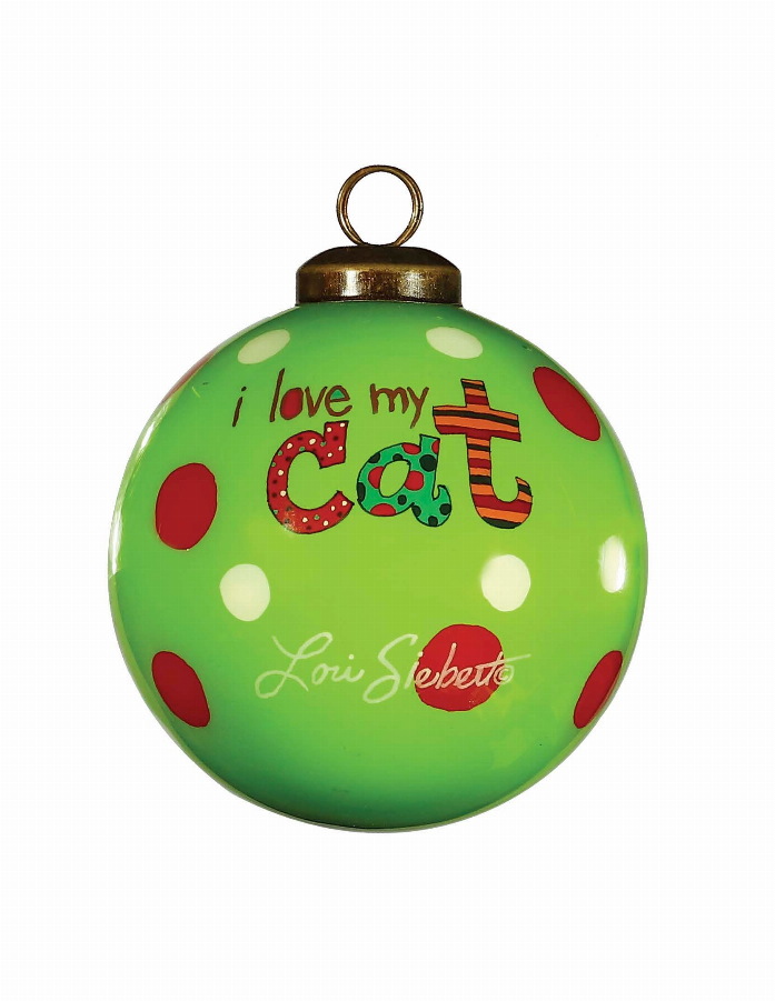 Green hand-painted glass Christmas ornament with cat text and polka-dot accents