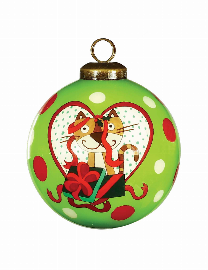 Green hand-painted glass Christmas ornament with cat illustration in red heart