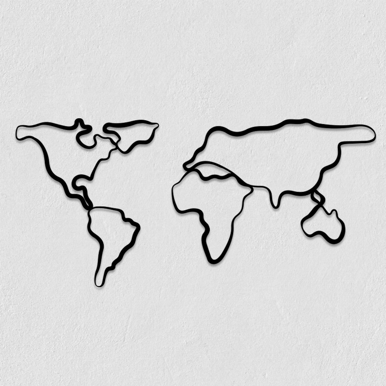 World map metal wall art with connected country outline, black finish.