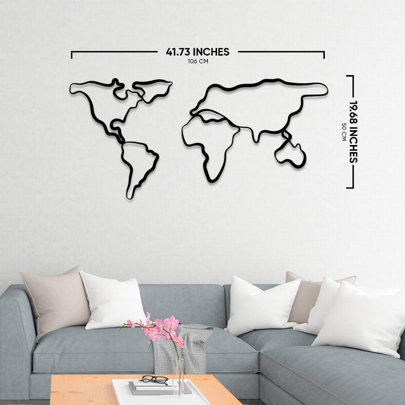 World map metal wall art, black outline; dimensions shown (41.73 in).