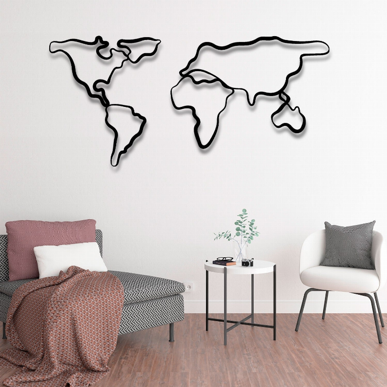 World map metal wall art in black with Americas and island outlines.