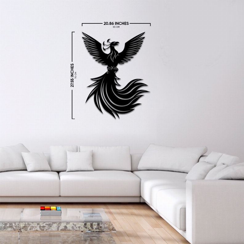Black phoenix metal wall art with dimension lines shown above and left