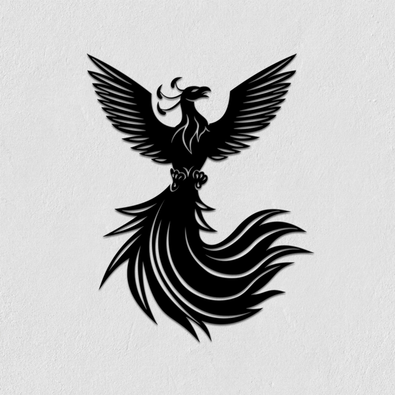 Black phoenix metal wall art close-up with wing and tail feather details