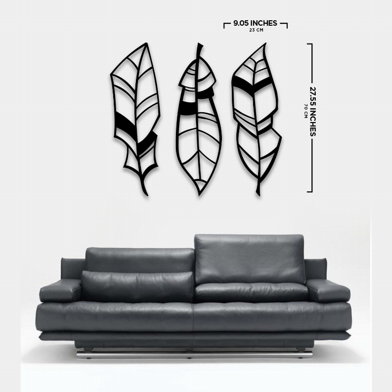 Metal leaf wall art set of three, black and white feather-style panels with dimensions