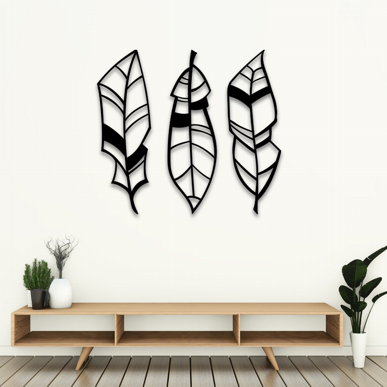 Three metal feather leaf wall art panels, black accents and white interiors