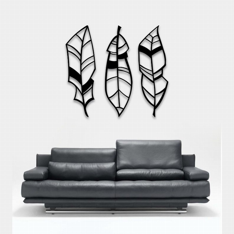 Three-piece metal feather leaf wall art with black and white leaf designs