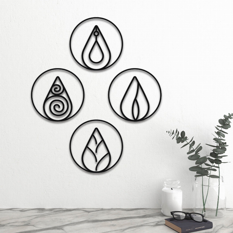 Metal wall art set of four circular plaques with black line flame and swirl symbols