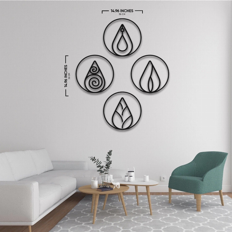 Four circular metal wall plaques with flame droplet symbols, centered on a wall