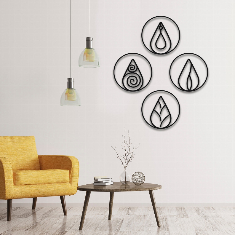Metal wall art set of four round plaques with black flame droplet symbol designs