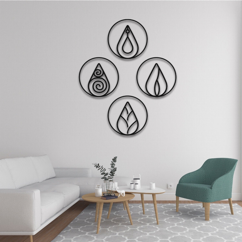 Four circular metal wall plaques featuring black flame droplet element symbols