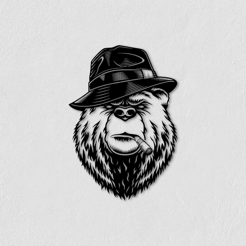 Black bear portrait metal wall art with fedora and cigar, black-and-white design