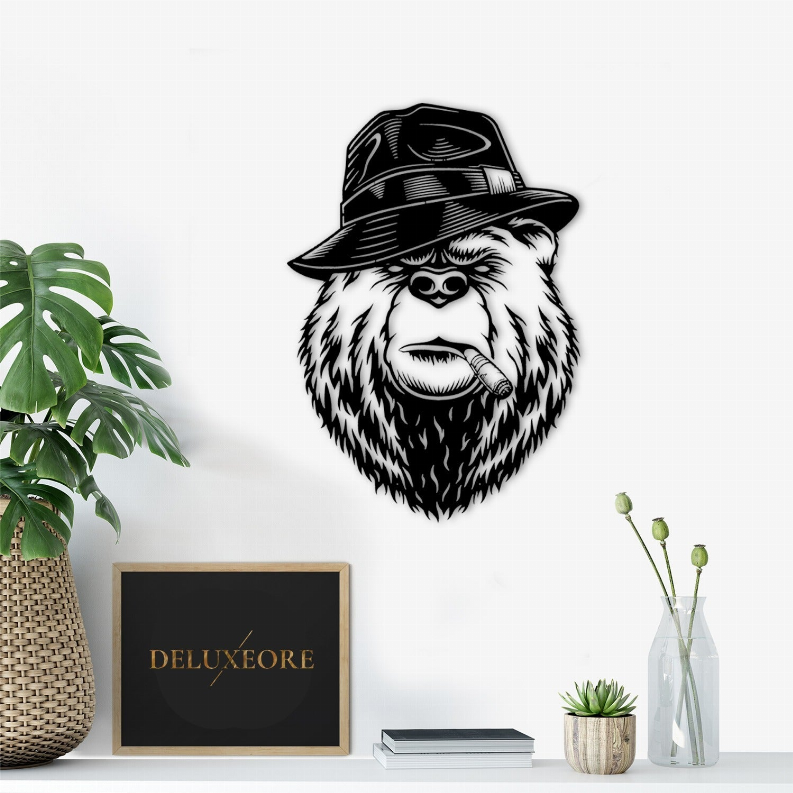 Metal wall art bear face with fedora and cigar in high-contrast black-and-white