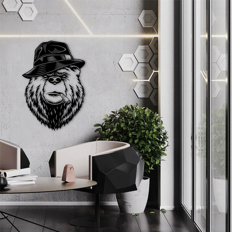 Metal wall art bear head with fedora and cigar on concrete wall with hex accents