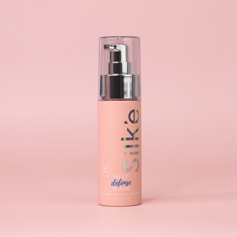 Silk'e Heat Defense Serum 50ml bottle with silver pump and clear cap