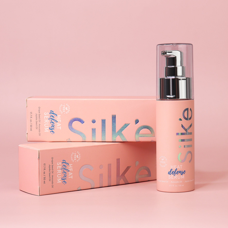 Silk'e Heat Defense Serum 50ml bottle and matching box packaging with silver pump