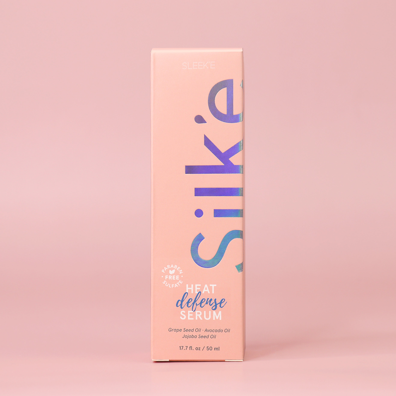 Silk'e Heat Defense Serum 50ml box packaging with blue text and vertical bottle image