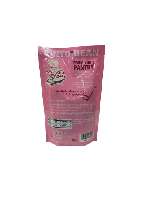 Pinto bean soup mix stand-up pouch back, pink with ingredient and nutrition panel
