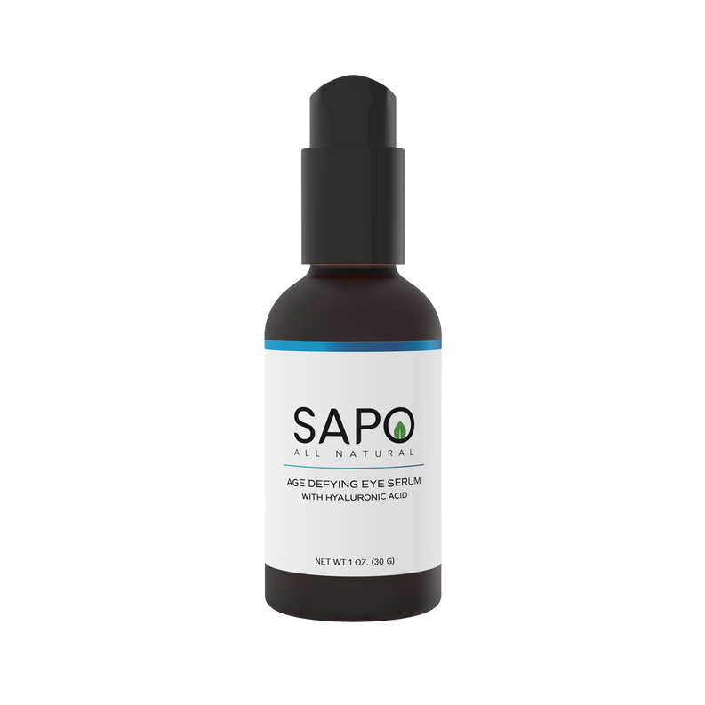Eye serum bottle with black cap, SAPO logo, white label with blue collar band