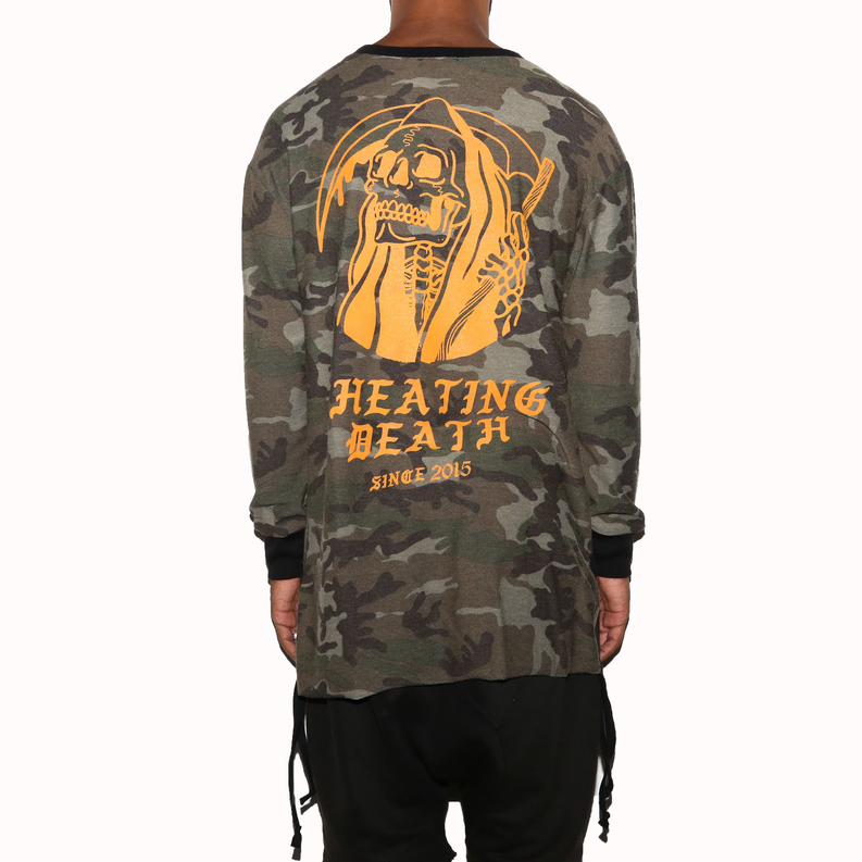 Camo long-sleeve T-shirt with orange skull graphic on back and ribbed cuffs