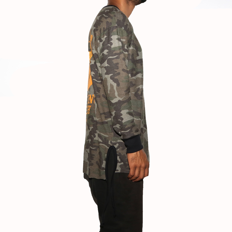 Camo long-sleeve T-shirt, side view with orange logo print and drawstring hem