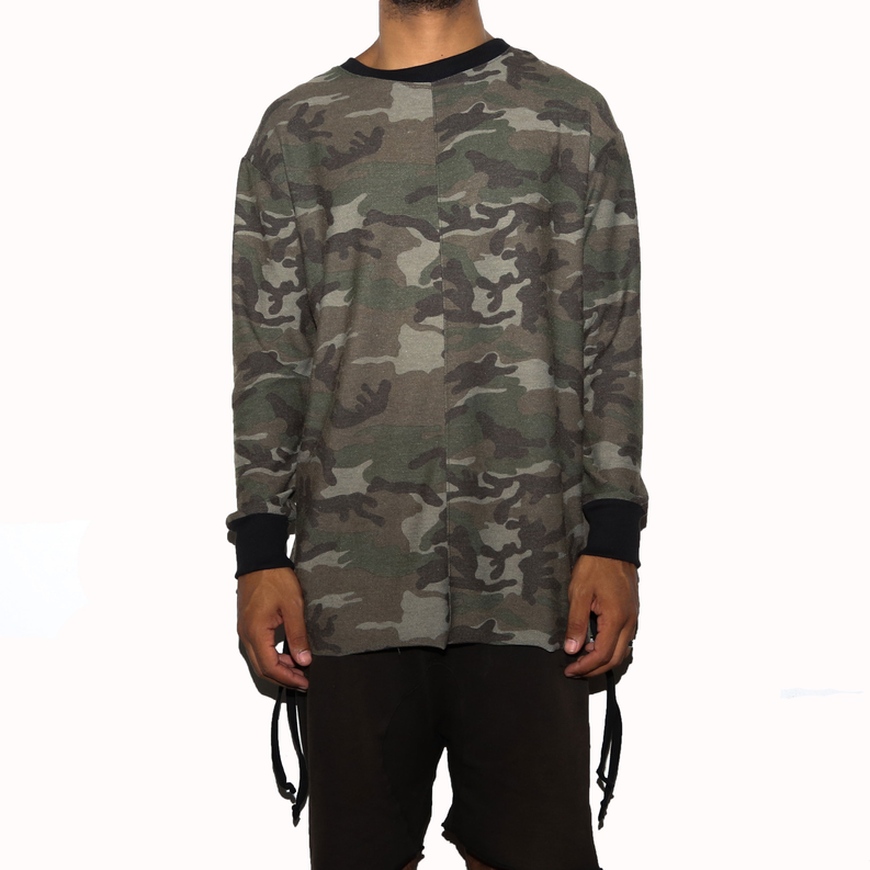 Camo long-sleeve T-shirt with black ribbed cuffs and side drawstring hem