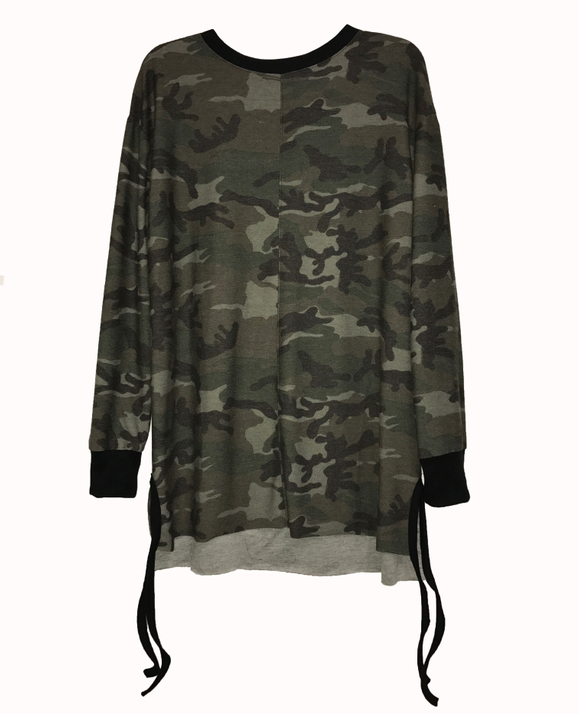 Camo long-sleeve pullover T-shirt with black cuffs and side drawstring tassels