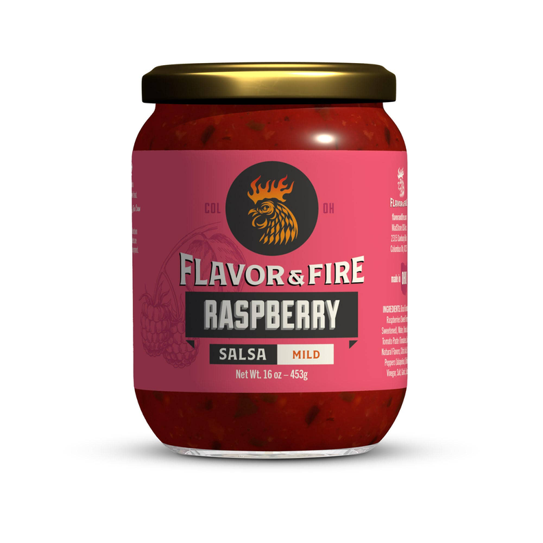 Raspberry salsa jar with red salsa, gold lid, Flavor&Fire Raspberry mild label