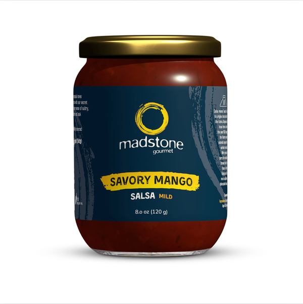 Madstone gourmet mango salsa, mild, 8 oz jar with gold lid
