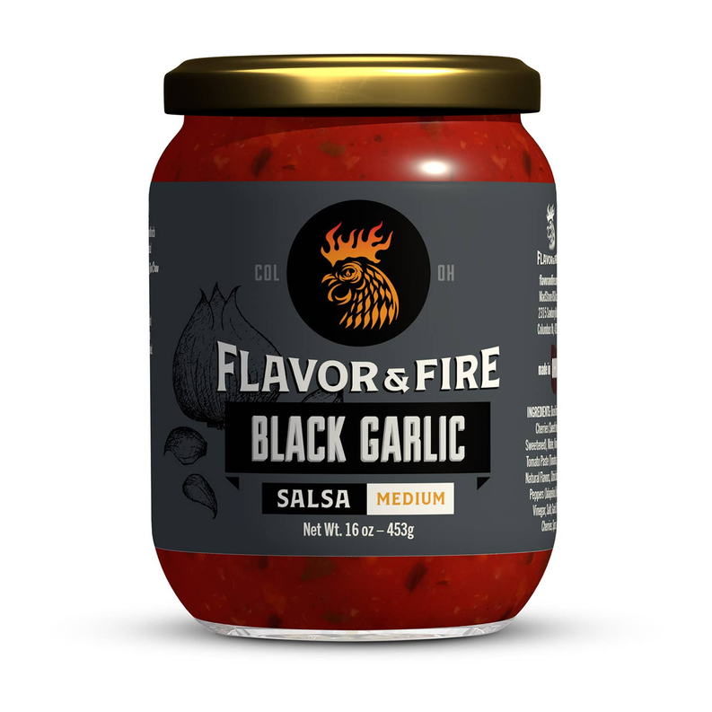 Black garlic salsa jar, Medium (16.07 oz/453 g), Flavor & Fire label on red glass