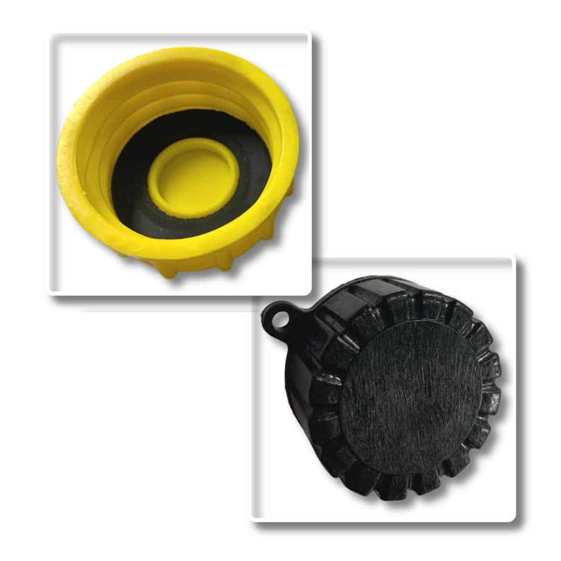 Replacement gas can cap set with yellow and black threaded caps, coarse and fine fit