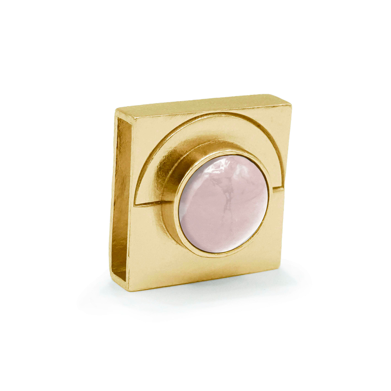 Gold square moon charm with a pale pink rose quartz-style stone