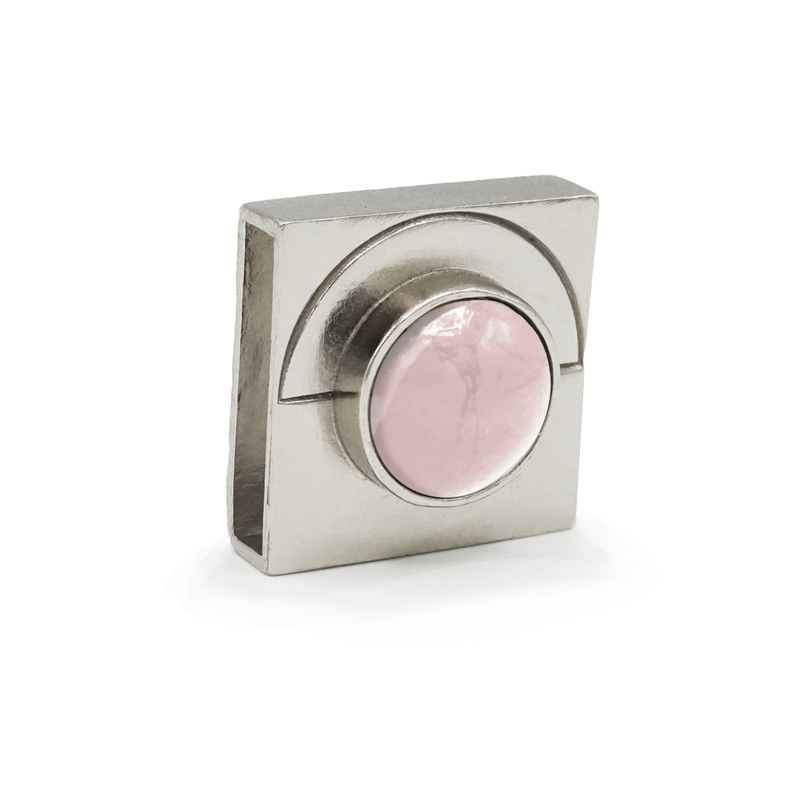 Silver square moon charm with a pale pink rose quartz-style stone