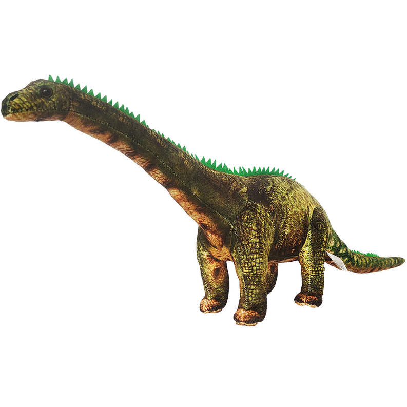 Long-necked dinosaur plush with textured green-and-brown body, detailed head and legs