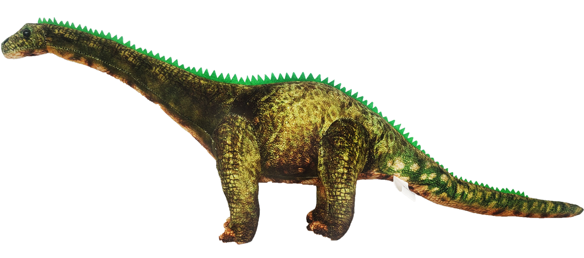 Long-necked dinosaur plush side view, textured green-and-brown scales and raised tail