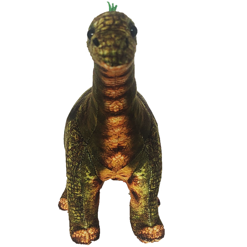 Long-necked dinosaur plush front view, textured green-and-brown body with spiky head