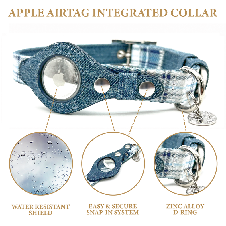 Apple AirTag dog collar in blue plaid denim with metal D-ring and snap closure
