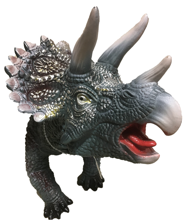 Dark green triceratops vinyl figurine, open mouth and silver spiked frill detail