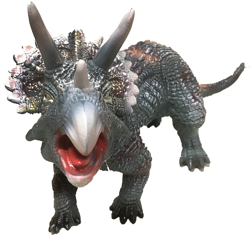 Dark green triceratops vinyl figurine front view, large horns and textured skin