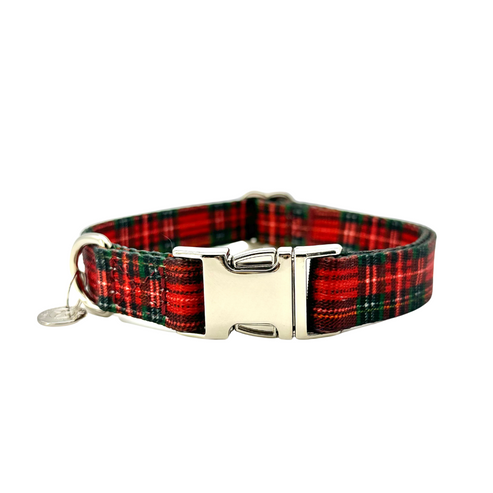 Red and green plaid dog collar with metal buckle and D-ring, adjustable strap