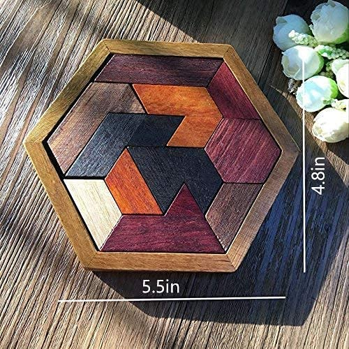 Hexagon wooden tangram puzzle board with multicolor interlocking pieces, close-up