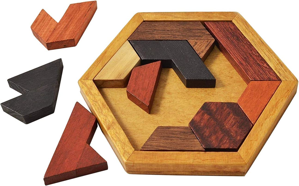 Hexagon wooden tangram puzzle board with loose geometric pieces