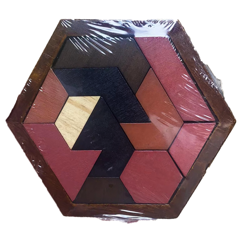 Hexagon wooden tangram puzzle set inside clear plastic wrap