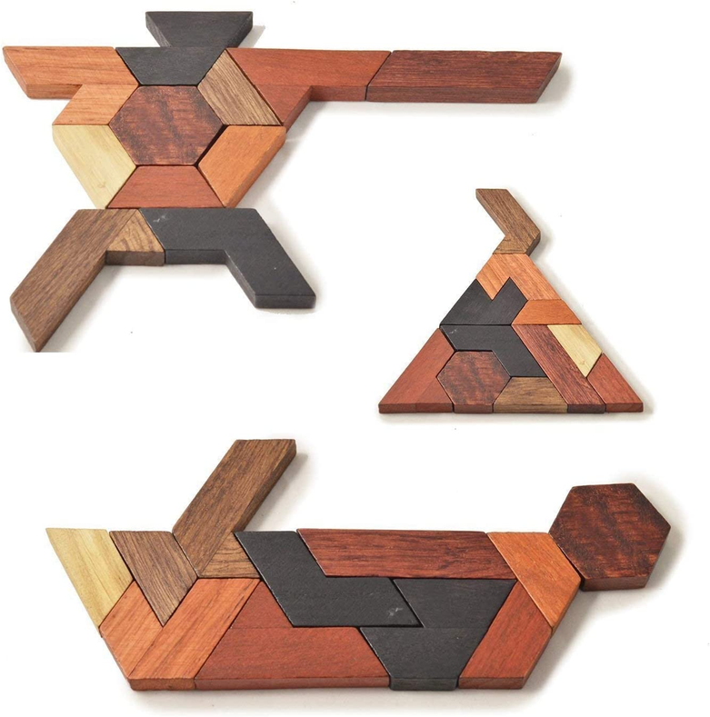 Hexagon wooden tangram puzzle pieces with several geometric arrangements