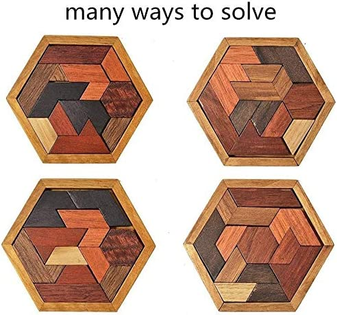 Hexagon wooden tangram puzzle showing four different completed layouts