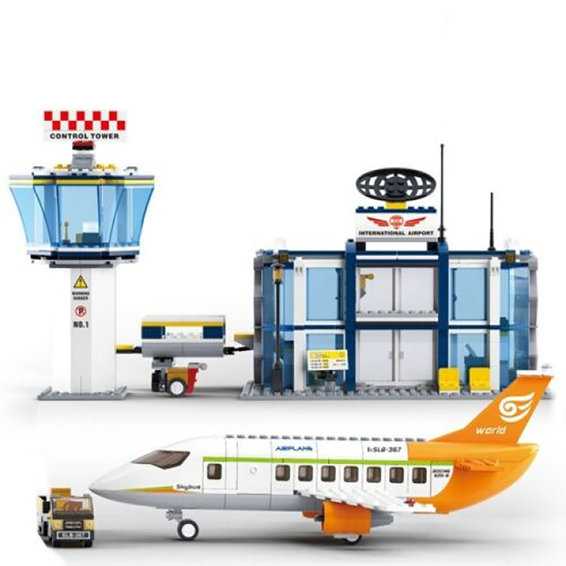 Airport control tower and terminal brick model with blue-and-white structure and airplane front