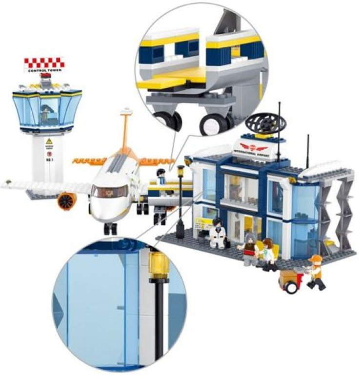 Airport control tower and terminal brick model with blue window frames and yellow accents