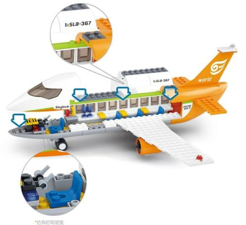 Airport airplane brick model with orange winglet, white body, and detailed cabin windows