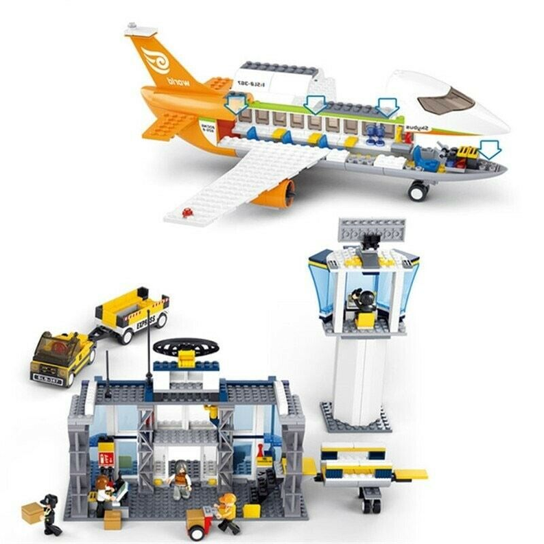 Airport building and airplane brick set with control tower, vehicles, and runway walkway