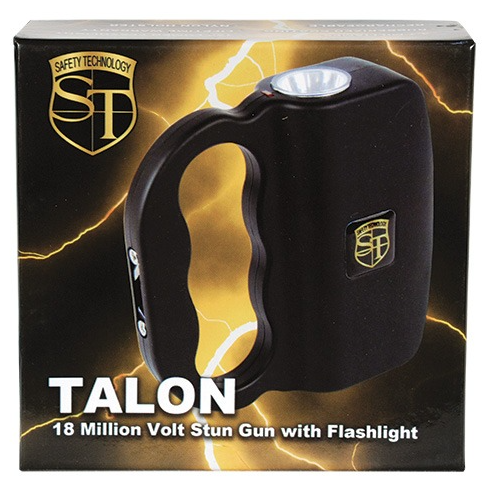 Black stun gun with flashlight retail box