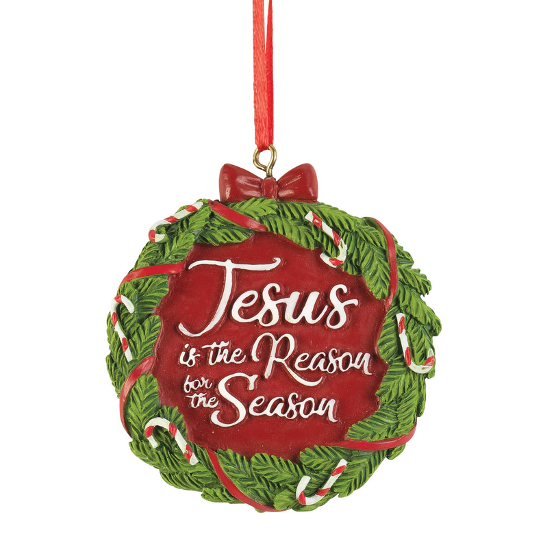 Resin Christmas ornament, red with green leaf wreath, red bow, 'Jesus Is the Reason for the Season'